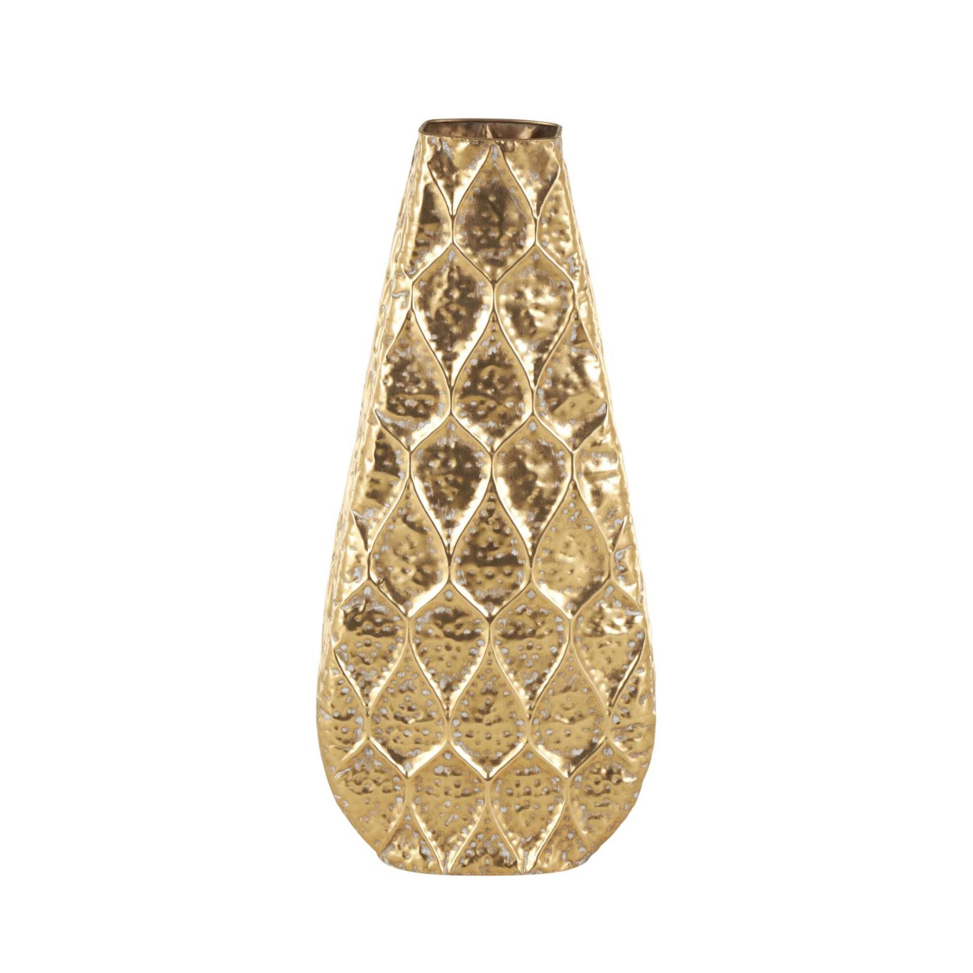28" Gold Metal Vase with Peacock Inspired Design